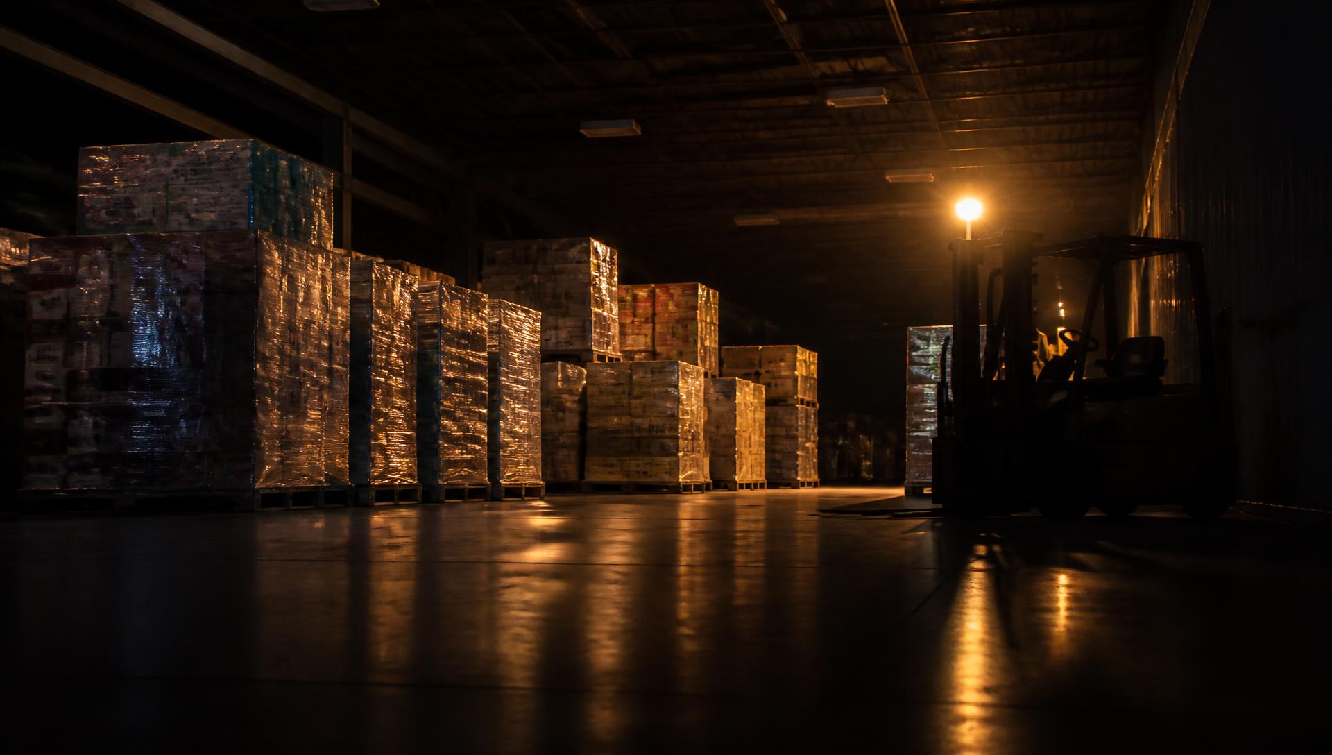Pallets of wholesale stock stacked in a warehouse